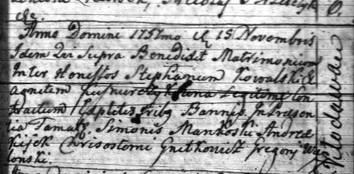 akt małżeństwa Stefana Kowalskiego i Agnieszki (Kłodawa, 1757)